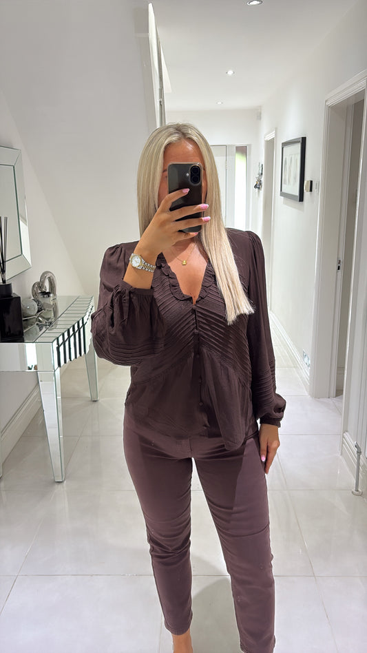 ONLY EUGINA LS V-NECK DOBBY BLOUSE - COFFEE BEAN