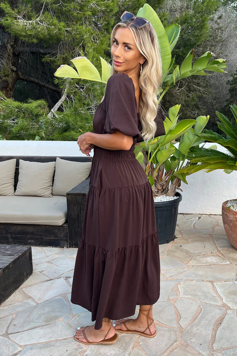 AX PARIS CHOCOLATE PUFF SLEEVE SHIRRED WAIST SMOCK MIDI DRESS