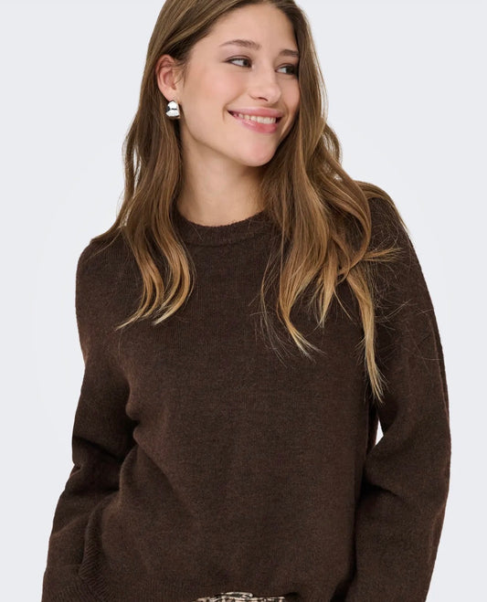 ONLY SIMONI LS O-NECK PULLOVER KNT - COFFEE BEAN MELANGE