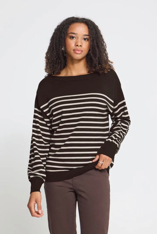 ICHI LULS BOATNECK LS PULLOVER - CHOCOLATE TORTE/OATMEAL STRIPE