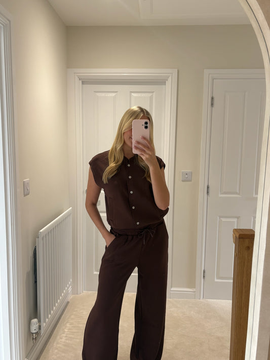 ICHI COZY WAISTCOAT TOP - BROWN / BEIGE EMBROIDERY