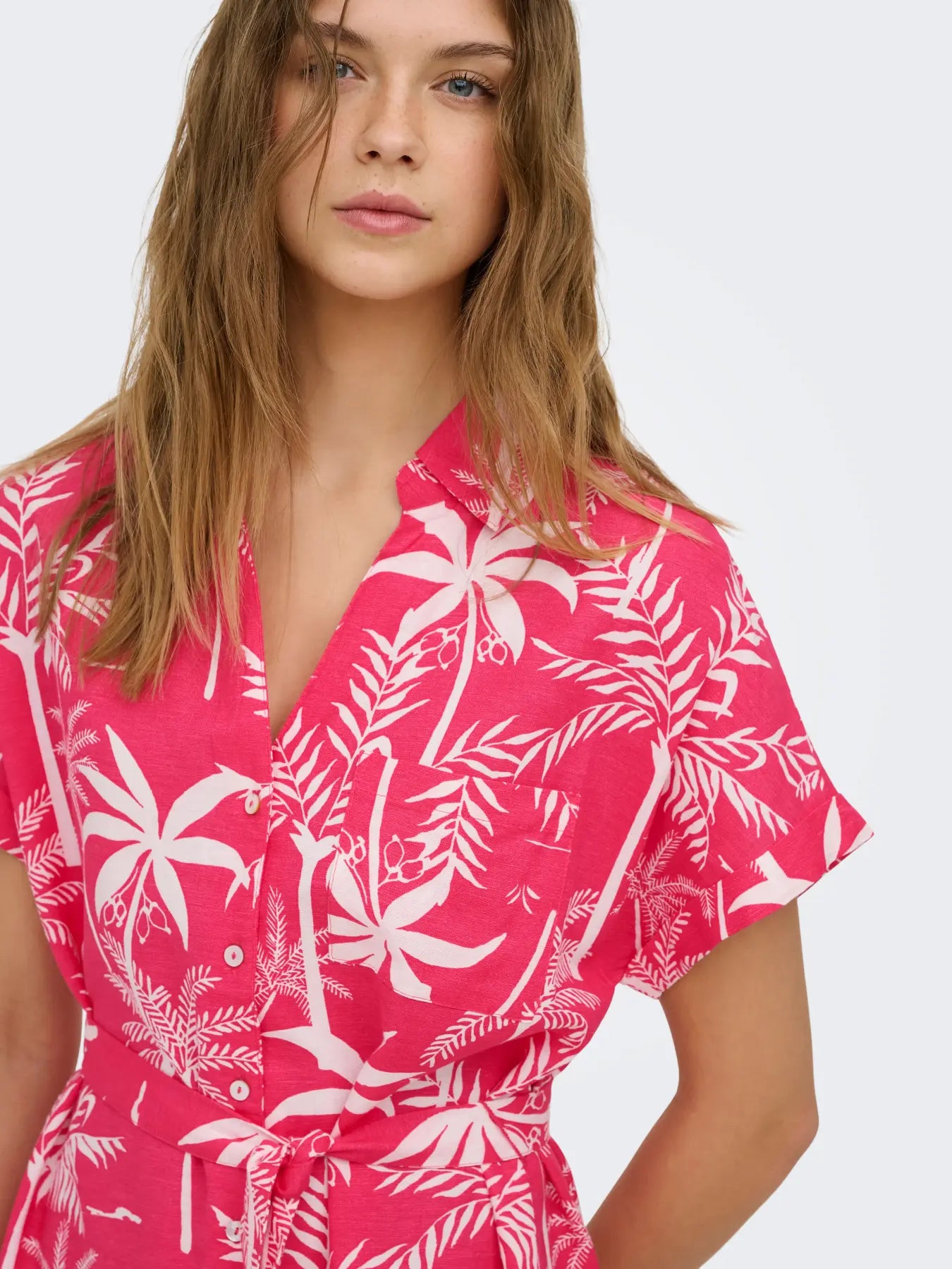ONLY JAKIRI LINEN SS SHIRT DRESS in CLOUD DANCER/PINK FOREST
