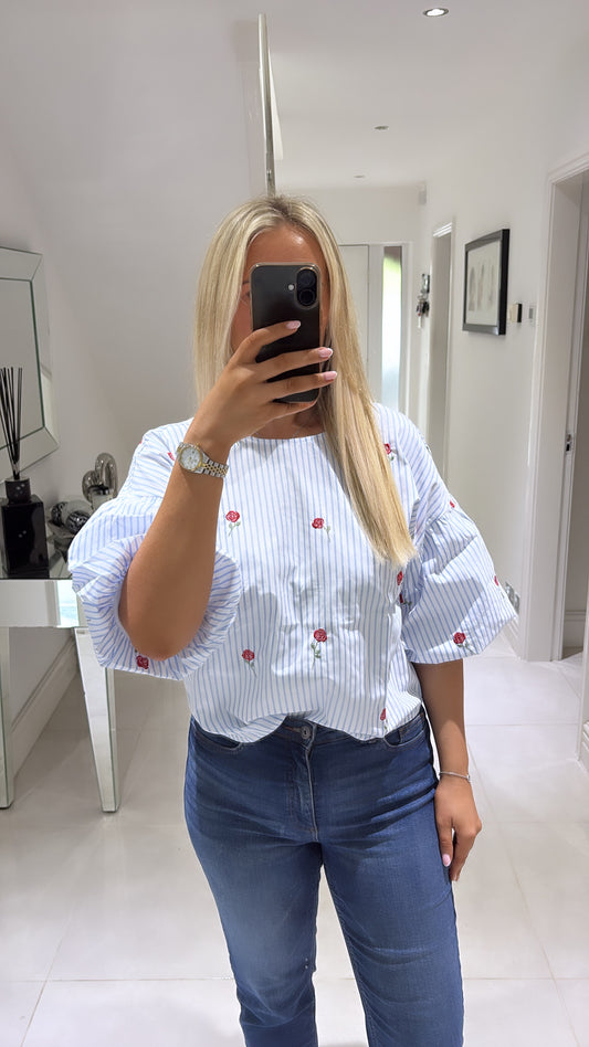 VERO MODA 2/4 EMB TOP BRIGHT WHITE/BLUE/EMB
