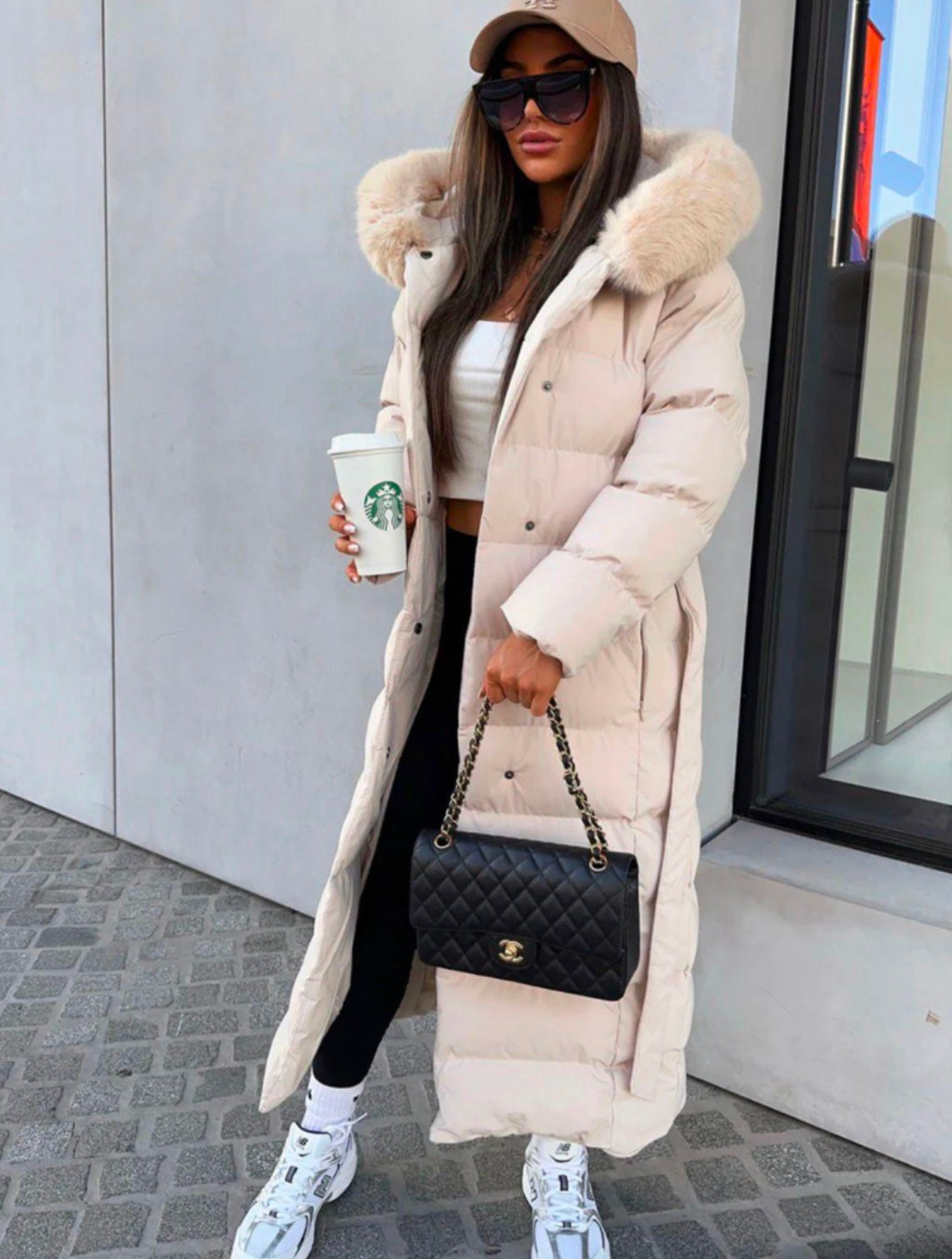 LONG PUFFA COAT WITH FAUX FUR HOOD CREAM