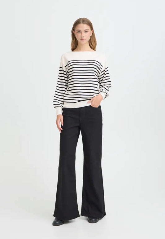 ICHI LULS BOAT NECK LS PULLOVER SOLID/WHITE T STRIPE