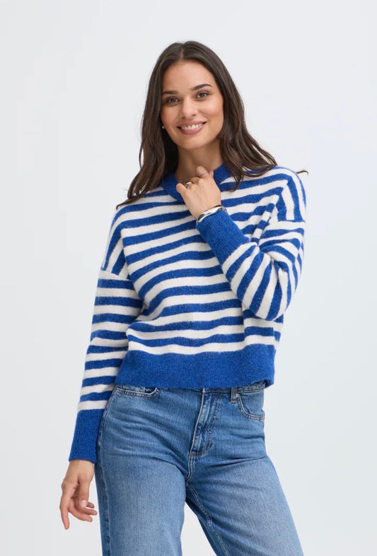 B YOUNG OMEA CREW JUMPER - BLUE DEPTHS MELANGE STRIPE