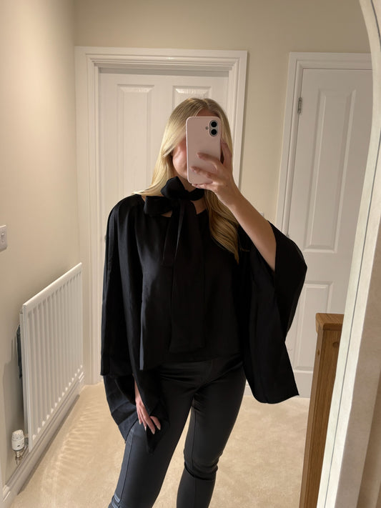 VERO MODA MIRO LS CAPE WITH SCARF TOP - BLACK