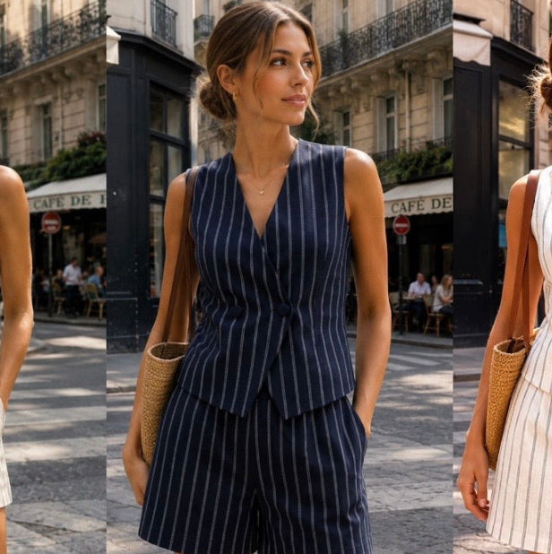 NAVY PINSTRIPE SHORTS/WAISTCOAT SET