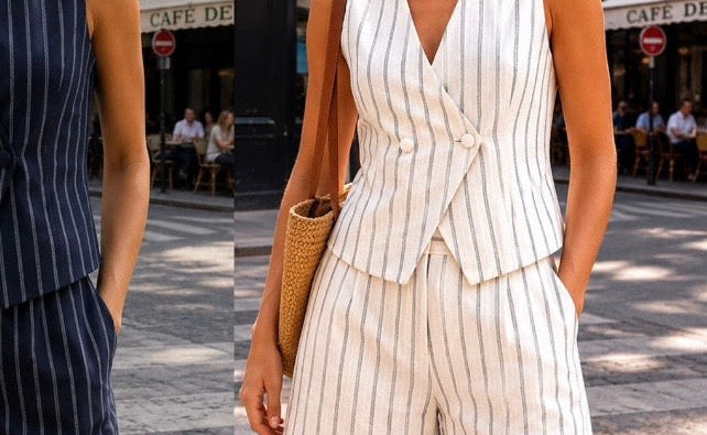 BEIGE PINSTRIPE SHORTS/WAISTCOAT SET