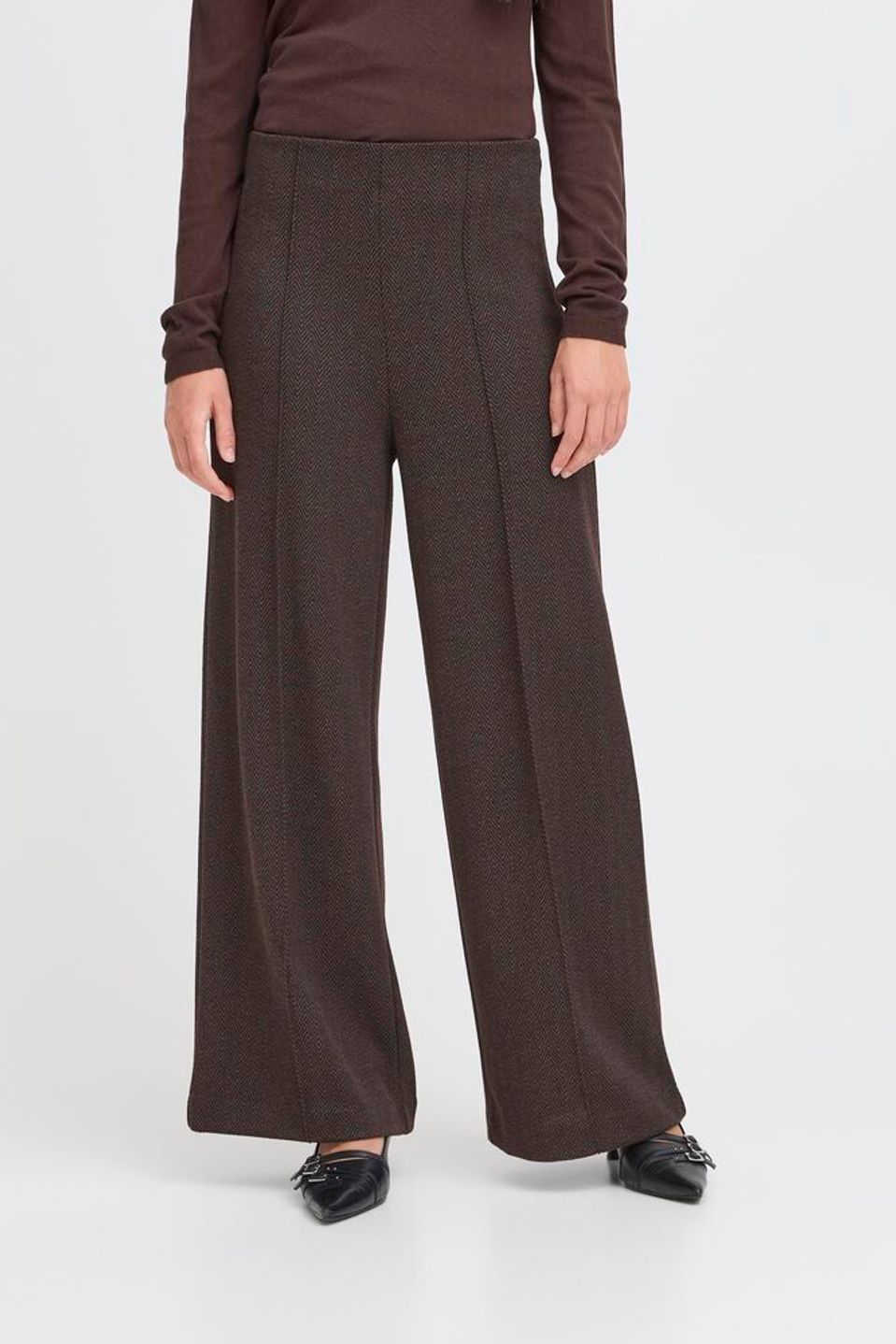 ICHI KATE JACQUARD TROUSERS BLACK BROWN HERRINGBONE 20121602