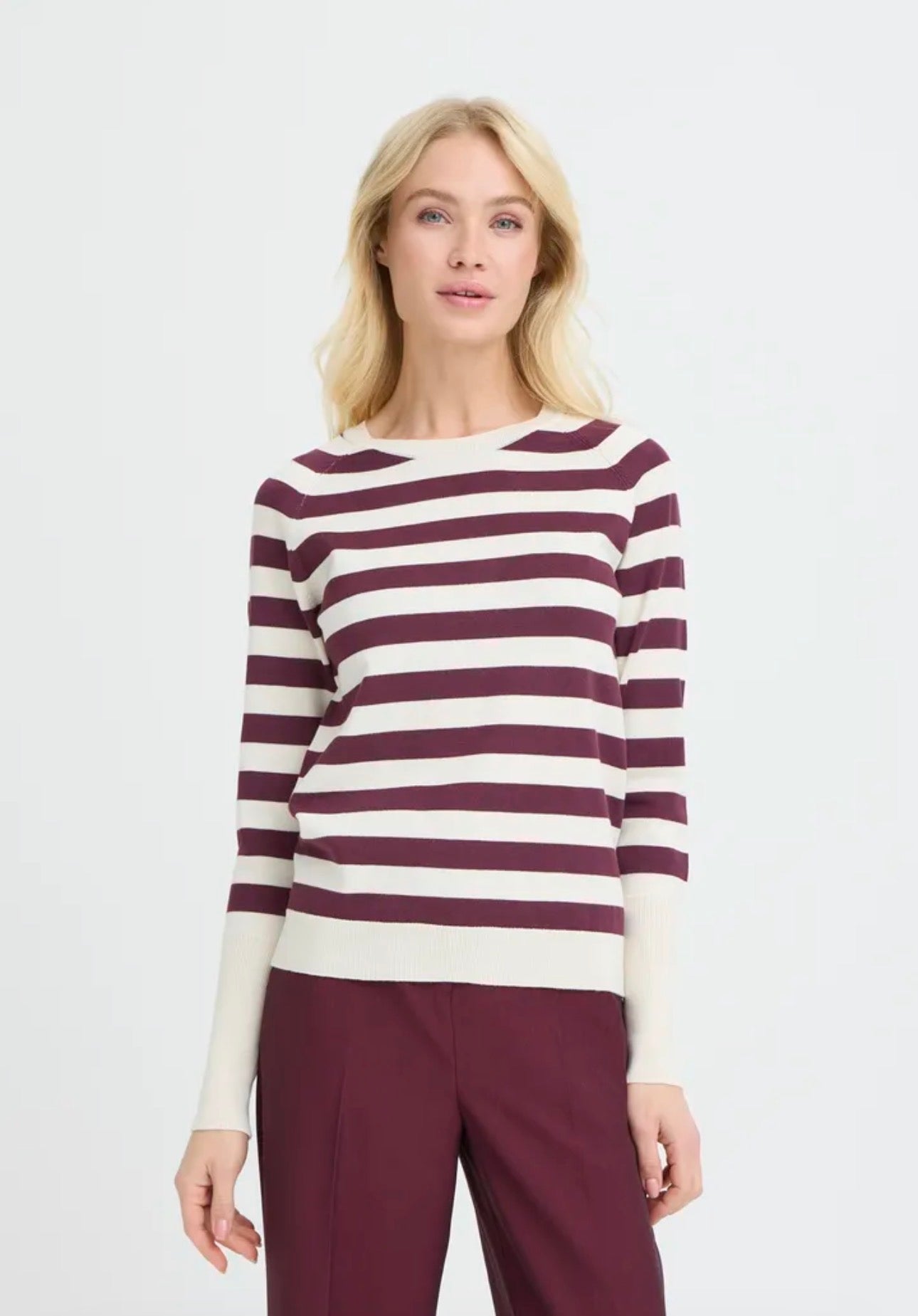 B YOUNG MMORLA LONG CUFF JUMPER - FIG/BIRCH STRIPE