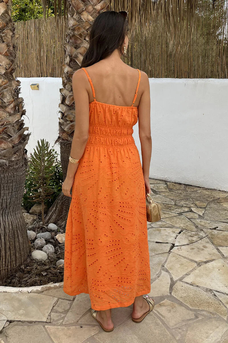 AX PARIS ORANGE BRODERIE STRAPPY SHIRRED WAIST MIDI DRESS