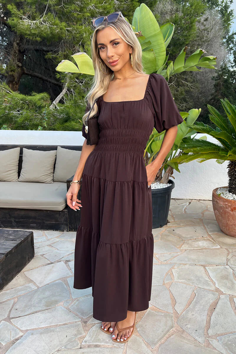 AX PARIS CHOCOLATE PUFF SLEEVE SHIRRED WAIST SMOCK MIDI DRESS