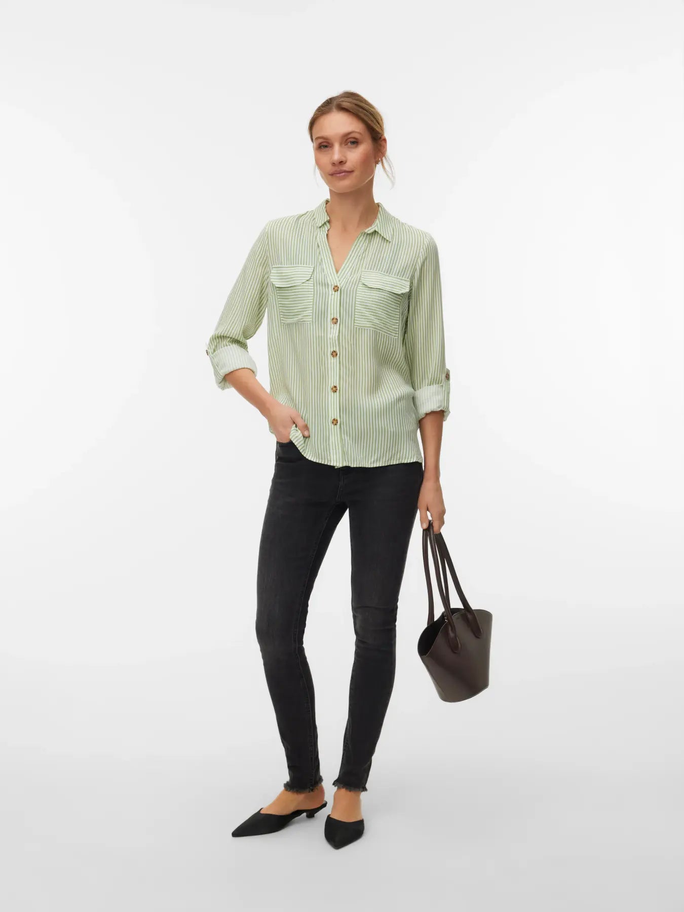 VERO MODA BUMPY LS SHIRT 10275283 MISTLETOE GREEN / SNOW WHITE