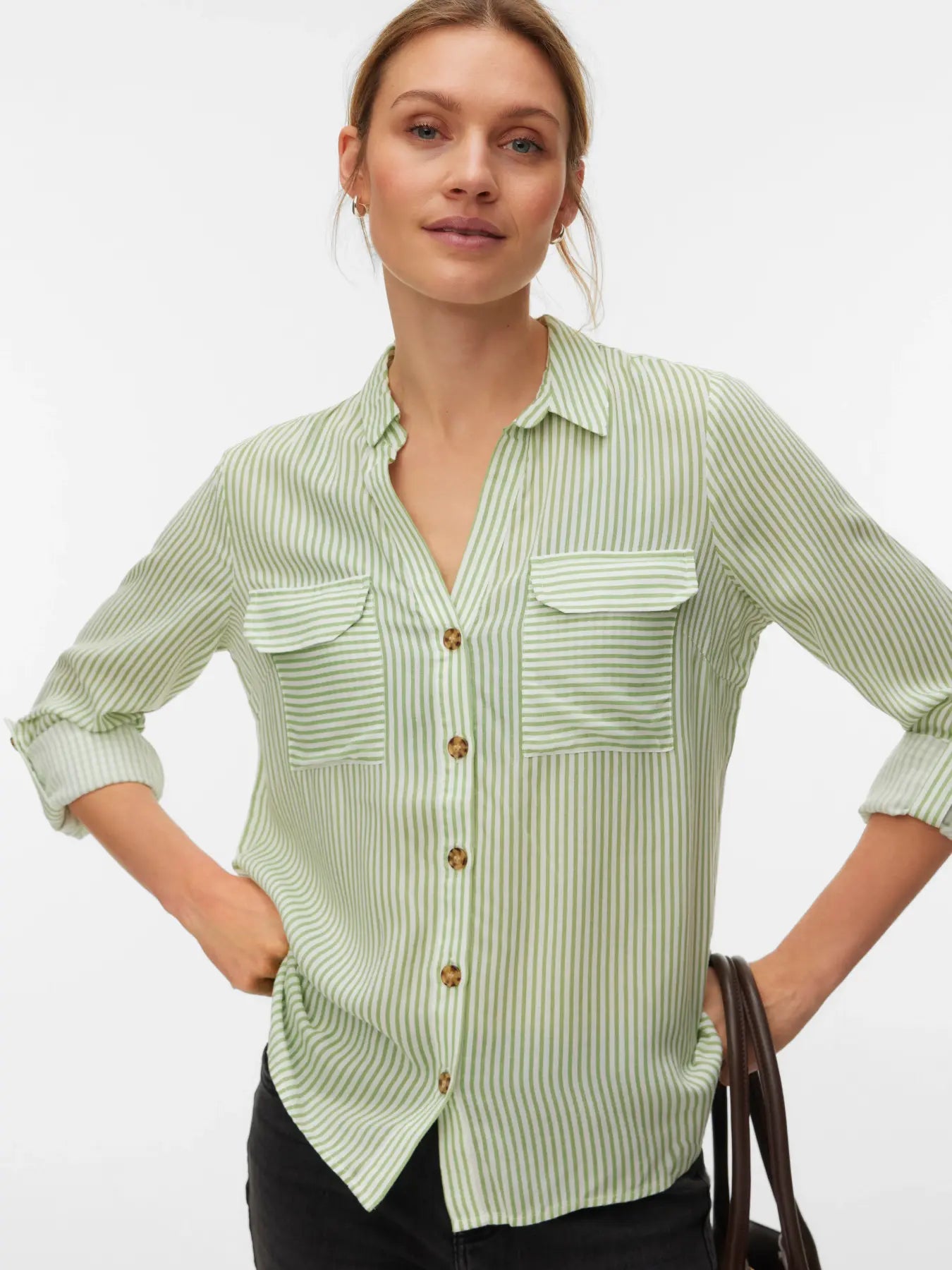 VERO MODA BUMPY LS SHIRT 10275283 MISTLETOE GREEN / SNOW WHITE