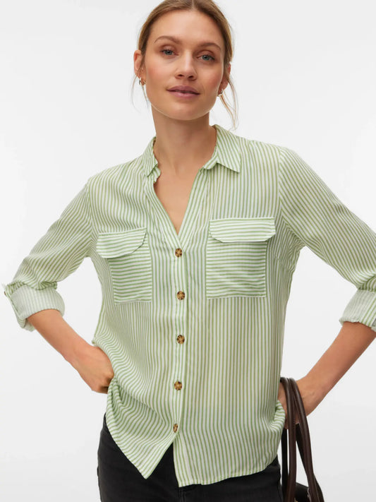 VERO MODA BUMPY LS SHIRT 10275283 MISTLETOE GREEN / SNOW WHITE