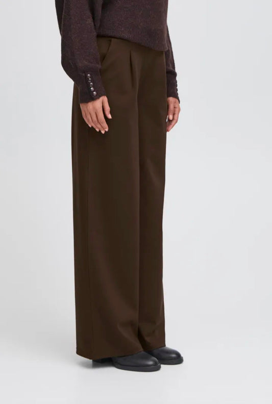 ICHI KATE LONG WIDE LEG TROUSERS - CHOCOLATE TORTE