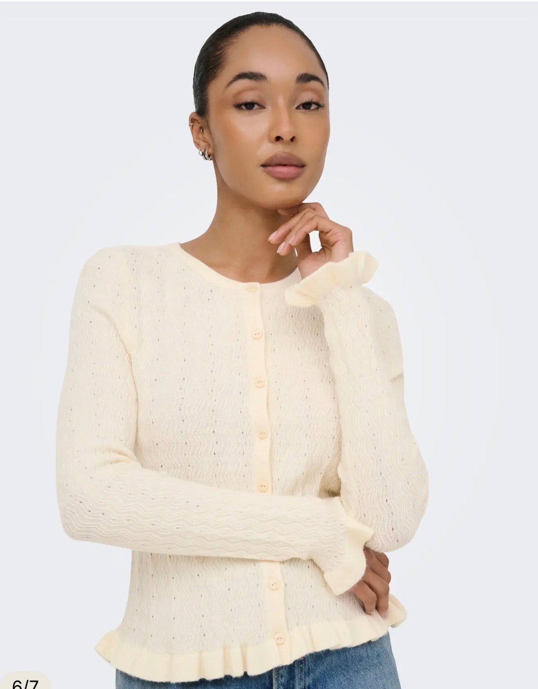 ONLY LIBI LS O-NECK FRILL CARDIGAN WHITECAP GRAY BUTTONS