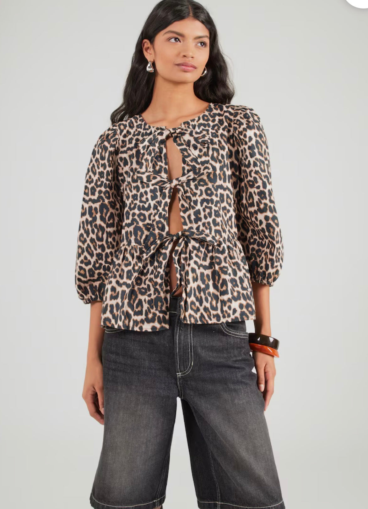 ONLY RANINA 3/4 SLEEVE LEOPARD BOW TOP peyote/chic leo