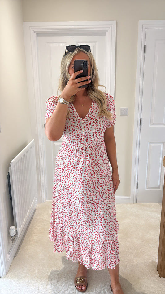 ONLY CHIANTI SS LONG DRESS 15270519 CLOUD DANCER/RED LUCY FLOWER