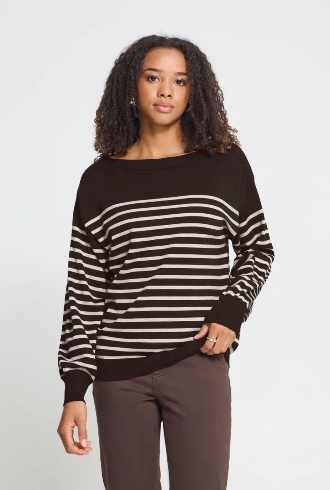 ICHI LULS BOATNECK LS PULLOVER - CHOCOLATE TORTE/OATMEAL STRIPE