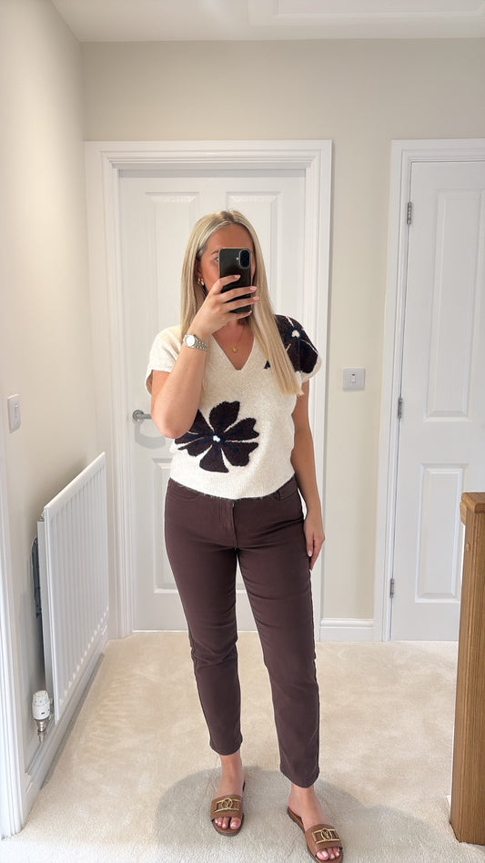 B YOUNG OMEA V-NECK SLIPOVER TOP - FIG MELANGE FLOWER
