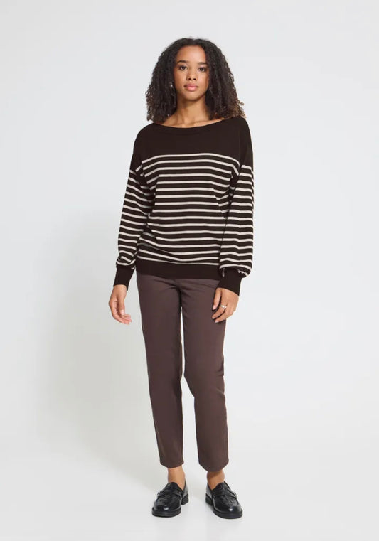 ICHI LULS BOATNECK LS PULLOVER - CHOCOLATE TORTE/OATMEAL STRIPE