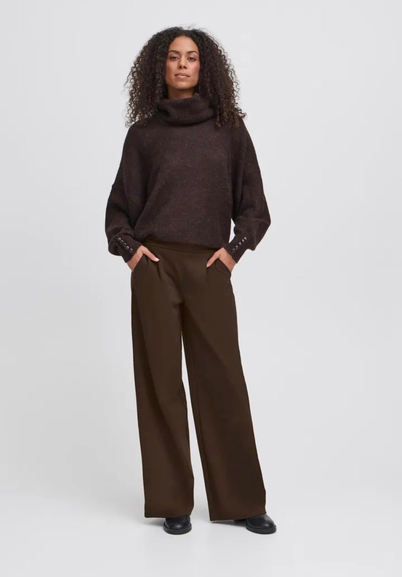 ICHI KATE LONG WIDE LEG TROUSERS - CHOCOLATE TORTE