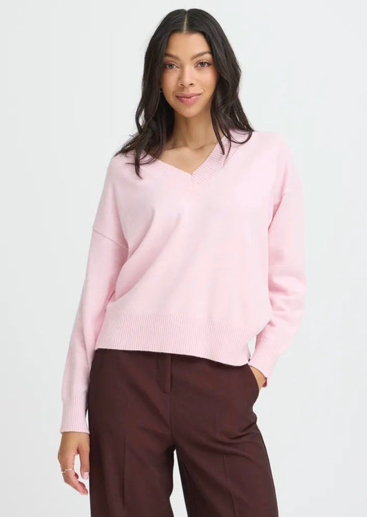 B Young Manina V neck Jumper 20818453 Parfait Pink Melange