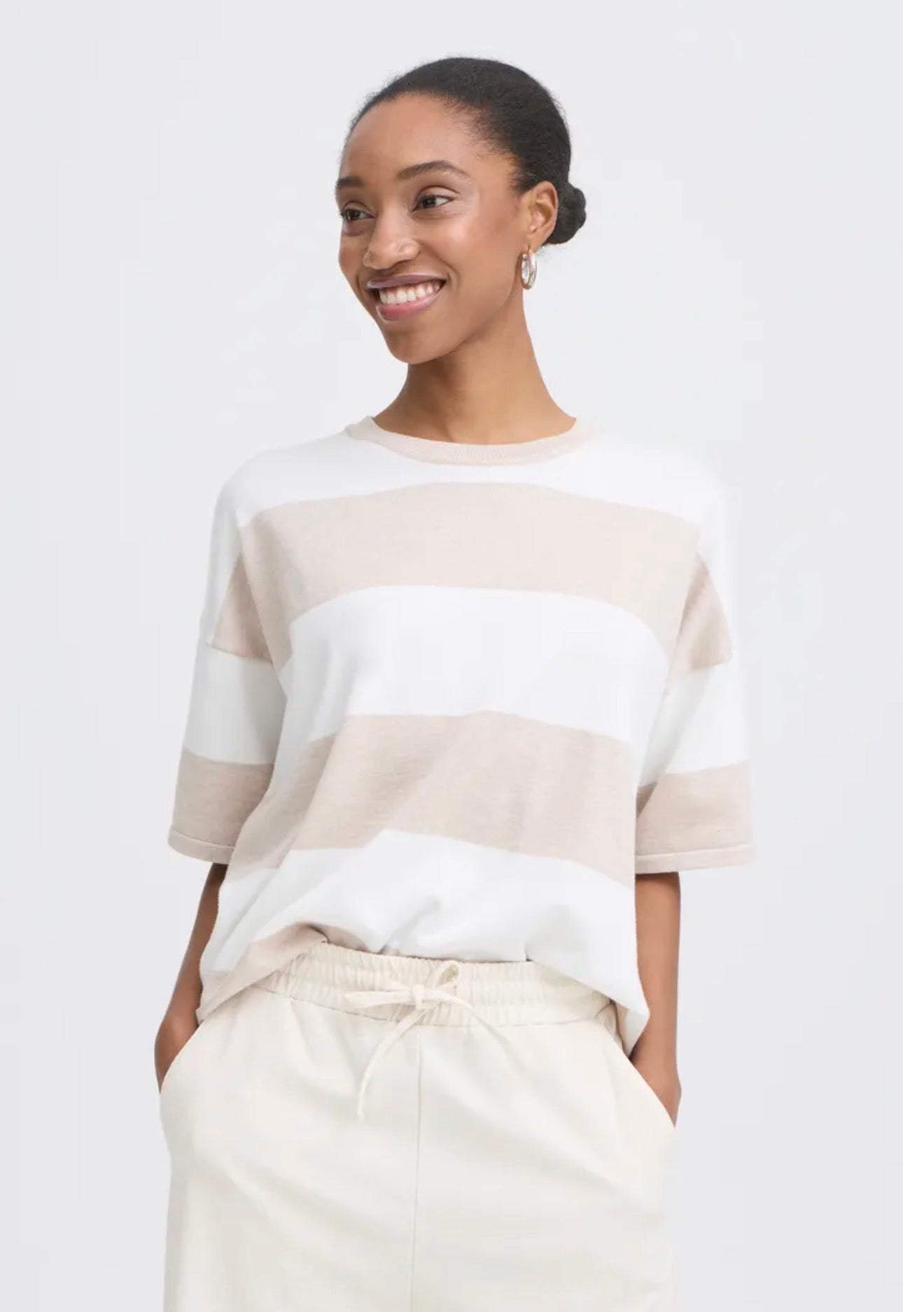 ICHI LULS LOOSE SS TOP 20125817 WIDE OATMEAL WHITE STRIPE