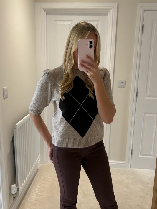 B YOUNG OSMILLA SS JUMPER - HUMUS MELANGE ARGYLE