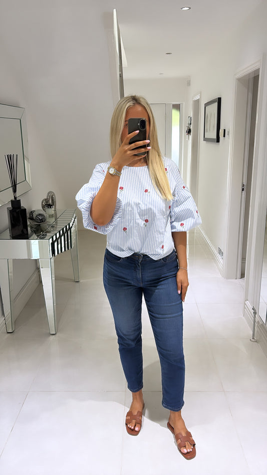 VERO MODA 2/4 EMB TOP BRIGHT WHITE/BLUE/EMB