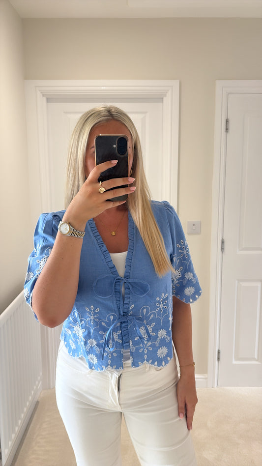 ONLY MIFFY SS EMB TIE TOP in MEDIUM BLUE DENIM