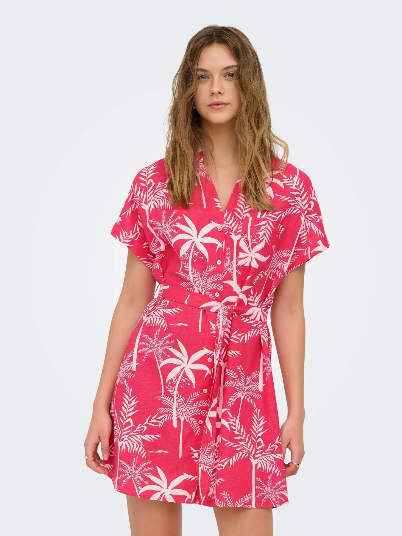 ONLY JAKIRI LINEN SS SHIRT DRESS in CLOUD DANCER/PINK FOREST