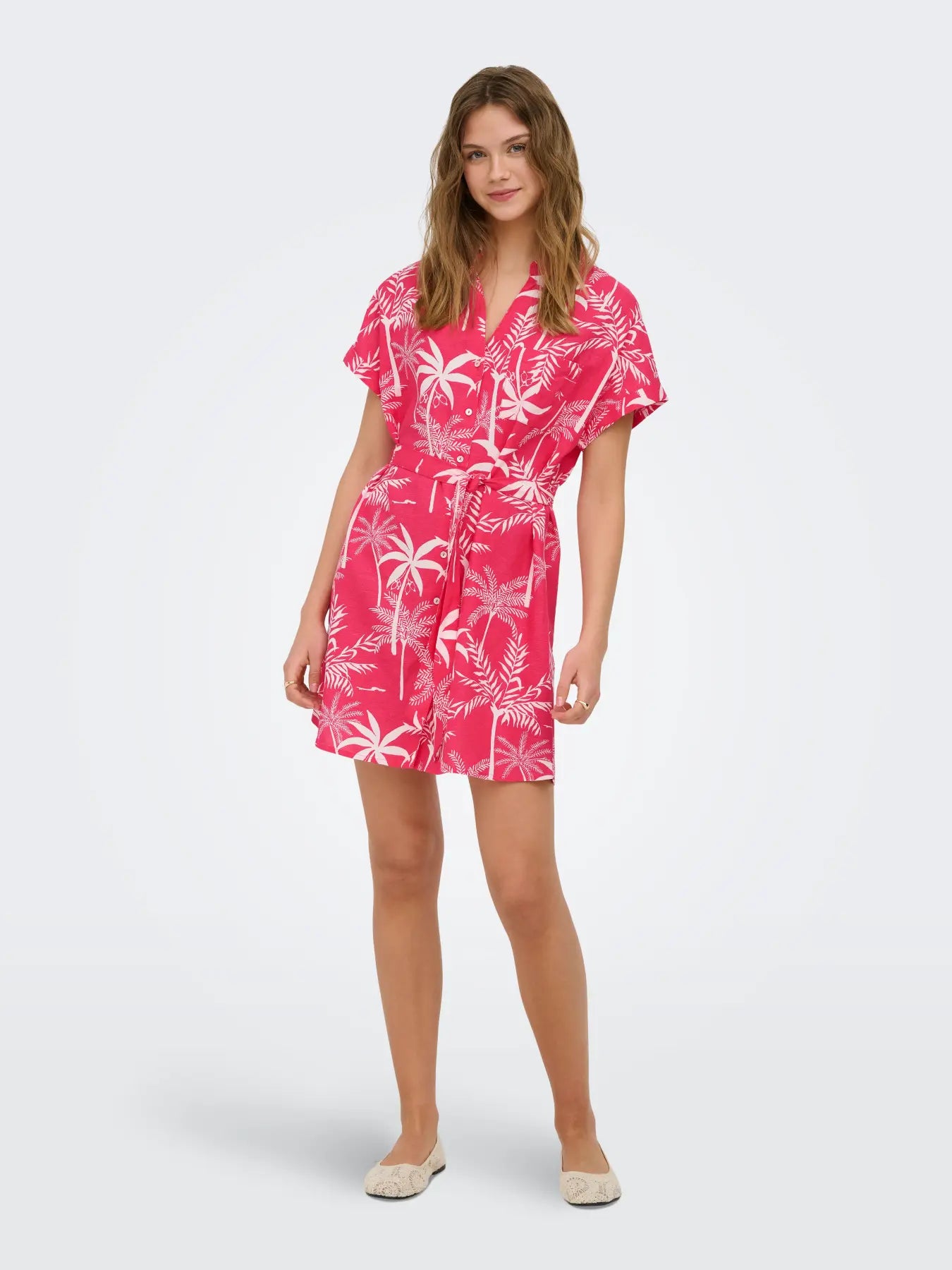 ONLY JAKIRI LINEN SS SHIRT DRESS in CLOUD DANCER/PINK FOREST