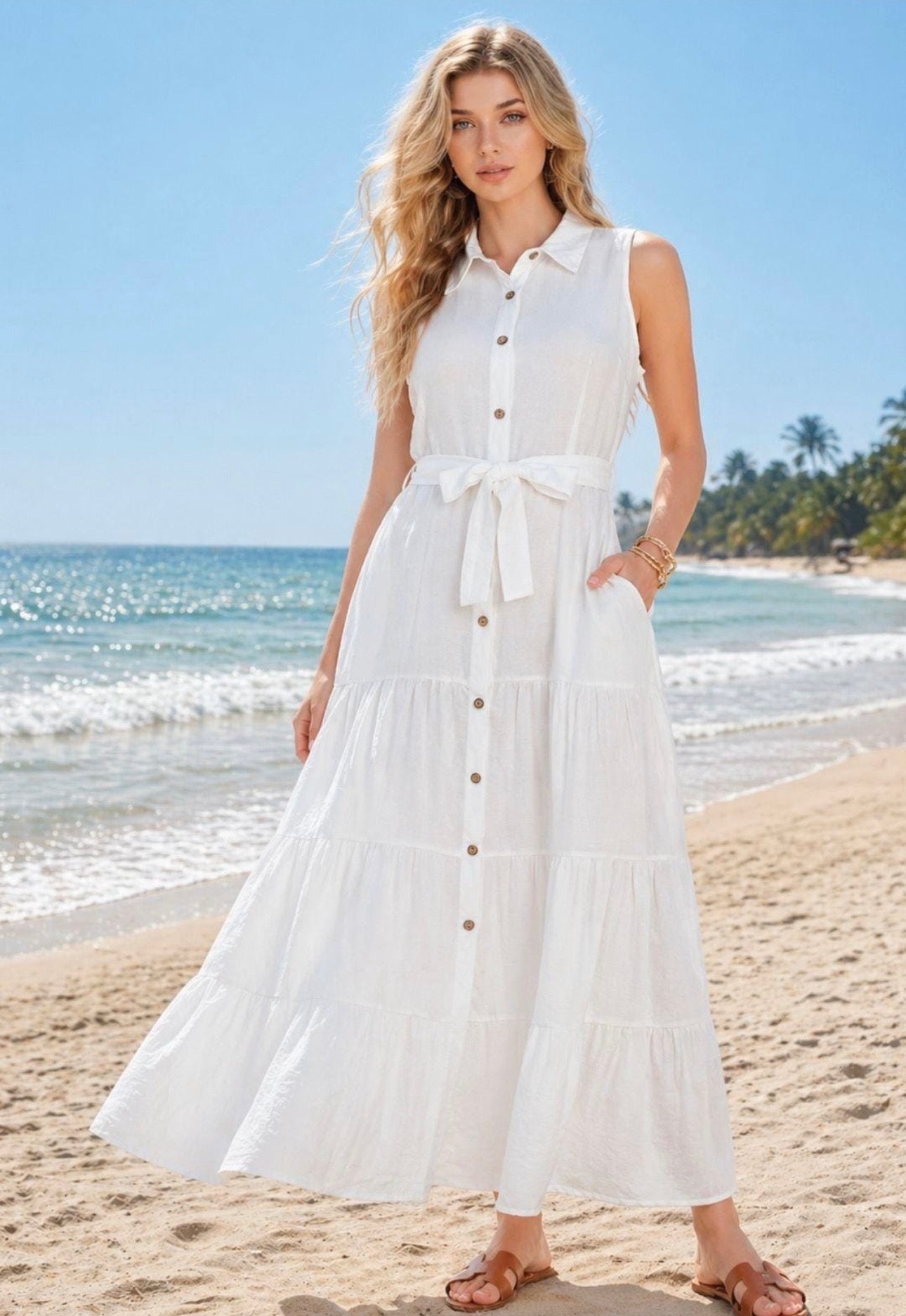 WOMENS SLEEVELESS BUTTON FRONT TIERED MAXI DRESS WITH BELT