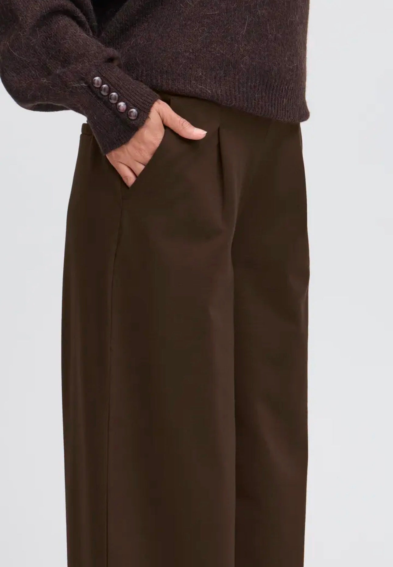 ICHI KATE LONG WIDE LEG TROUSERS - CHOCOLATE TORTE