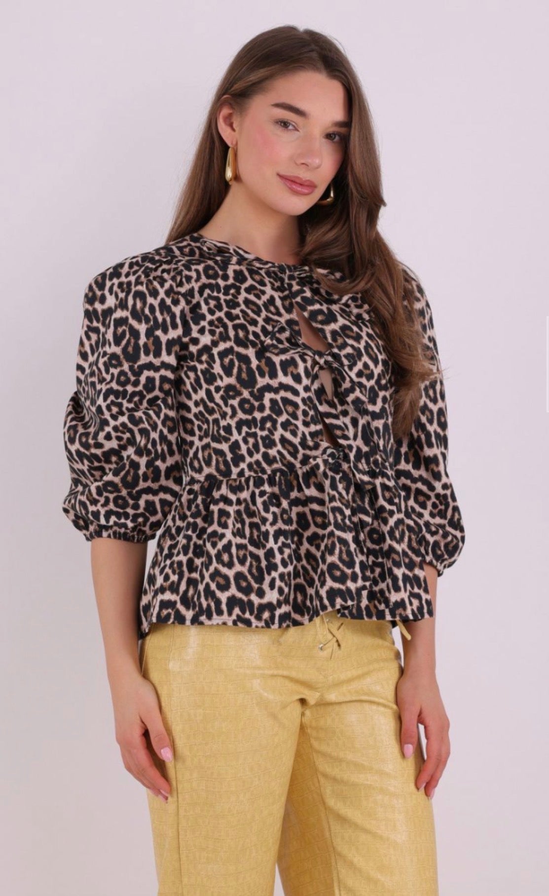ONLY RANINA 3/4 SLEEVE LEOPARD BOW TOP peyote/chic leo