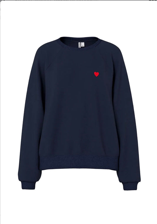 PIECES GRETA LS EMB SWEATSHIRT - SKY CAPTAIN / RED HEART