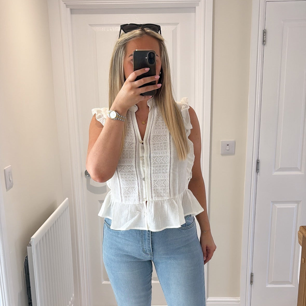 ONLY WHITE LACE PANEL FRILL SLEEVE PEPLUM BLOUSE