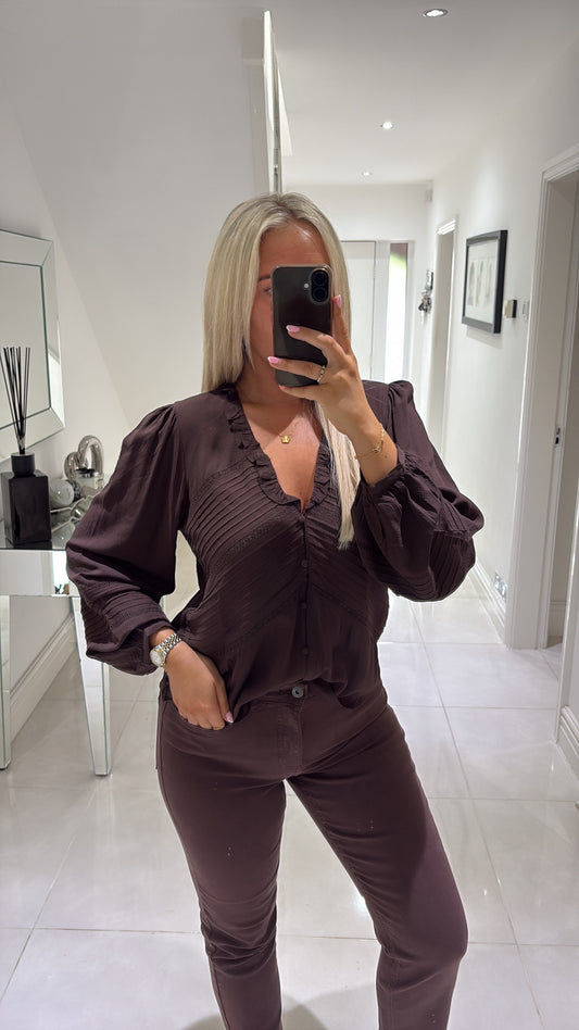 ONLY EUGINA LS V-NECK DOBBY BLOUSE - COFFEE BEAN