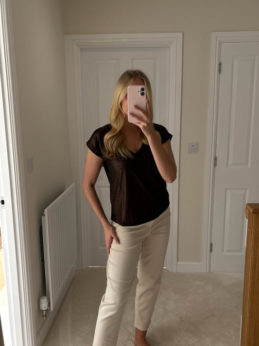 VERO MODA ELENA LX SS V-NECK TOP - CHOCOLATE TORTE/ BROWN LUREX