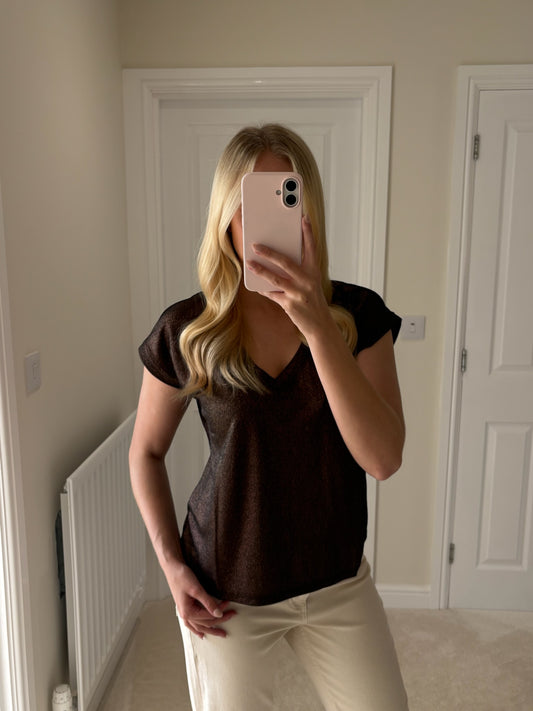 VERO MODA ELENA LX SS V-NECK TOP - CHOCOLATE TORTE/ BROWN LUREX