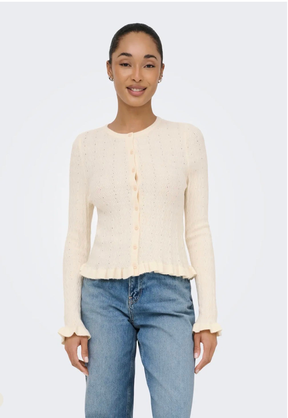 ONLY LIBI LS O-NECK FRILL CARDIGAN WHITECAP GRAY BUTTONS