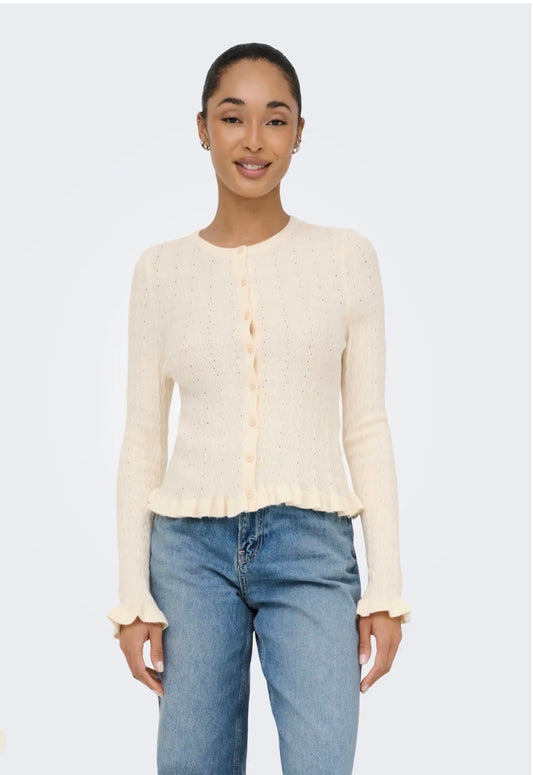 ONLY LIBI LS O-NECK FRILL CARDIGAN WHITECAP GRAY BUTTONS