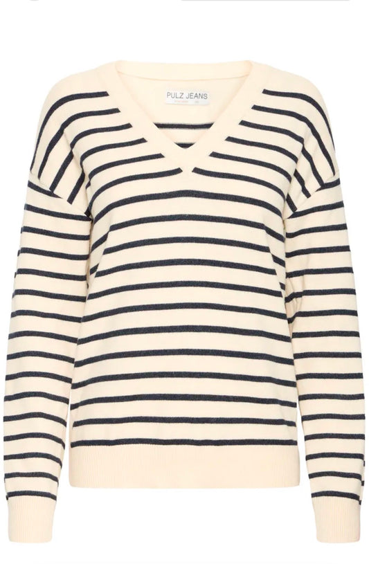 PULZ STEFFI STRIPE PULLOVER - BIRCH MELANGE