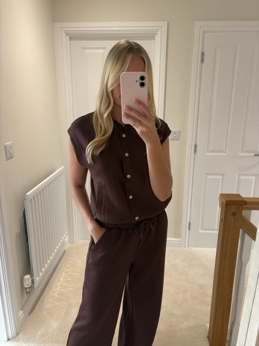 ICHI COZY WAISTCOAT TOP - BROWN / BEIGE EMBROIDERY