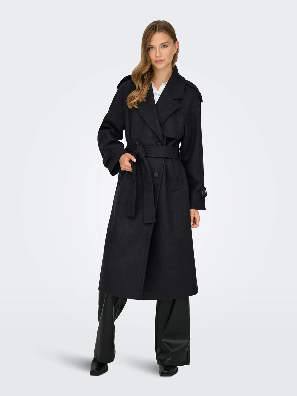 ONLY DEAR TRILLION LONG BELT COAT - Dark Grey Melange