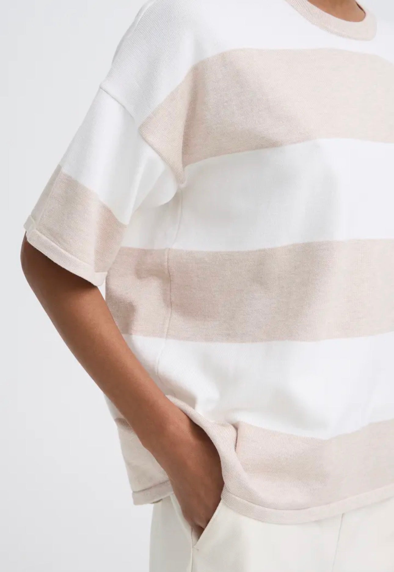 ICHI LULS LOOSE SS TOP 20125817 WIDE OATMEAL WHITE STRIPE