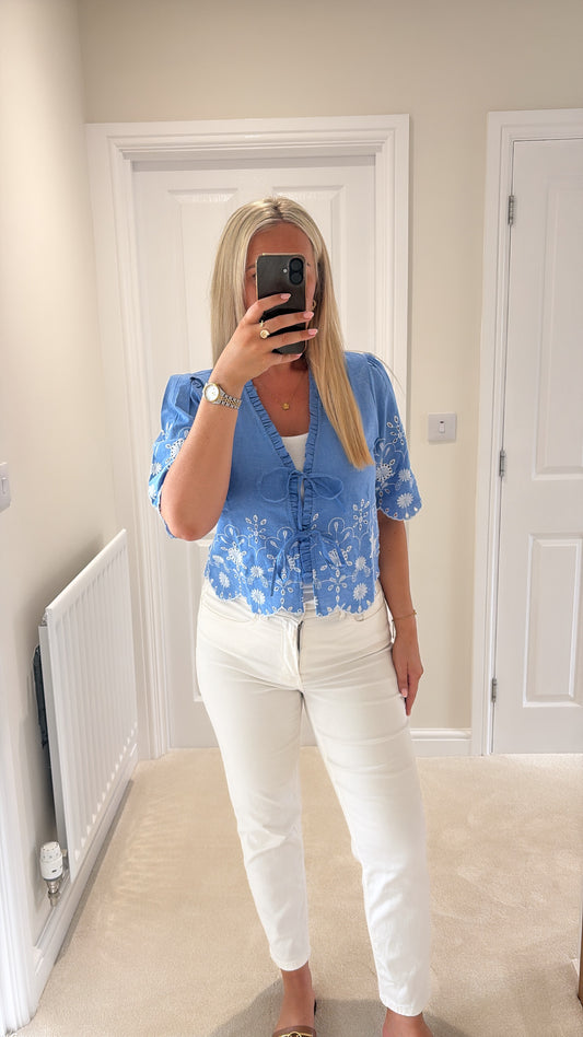ONLY MIFFY SS EMB TIE TOP in MEDIUM BLUE DENIM